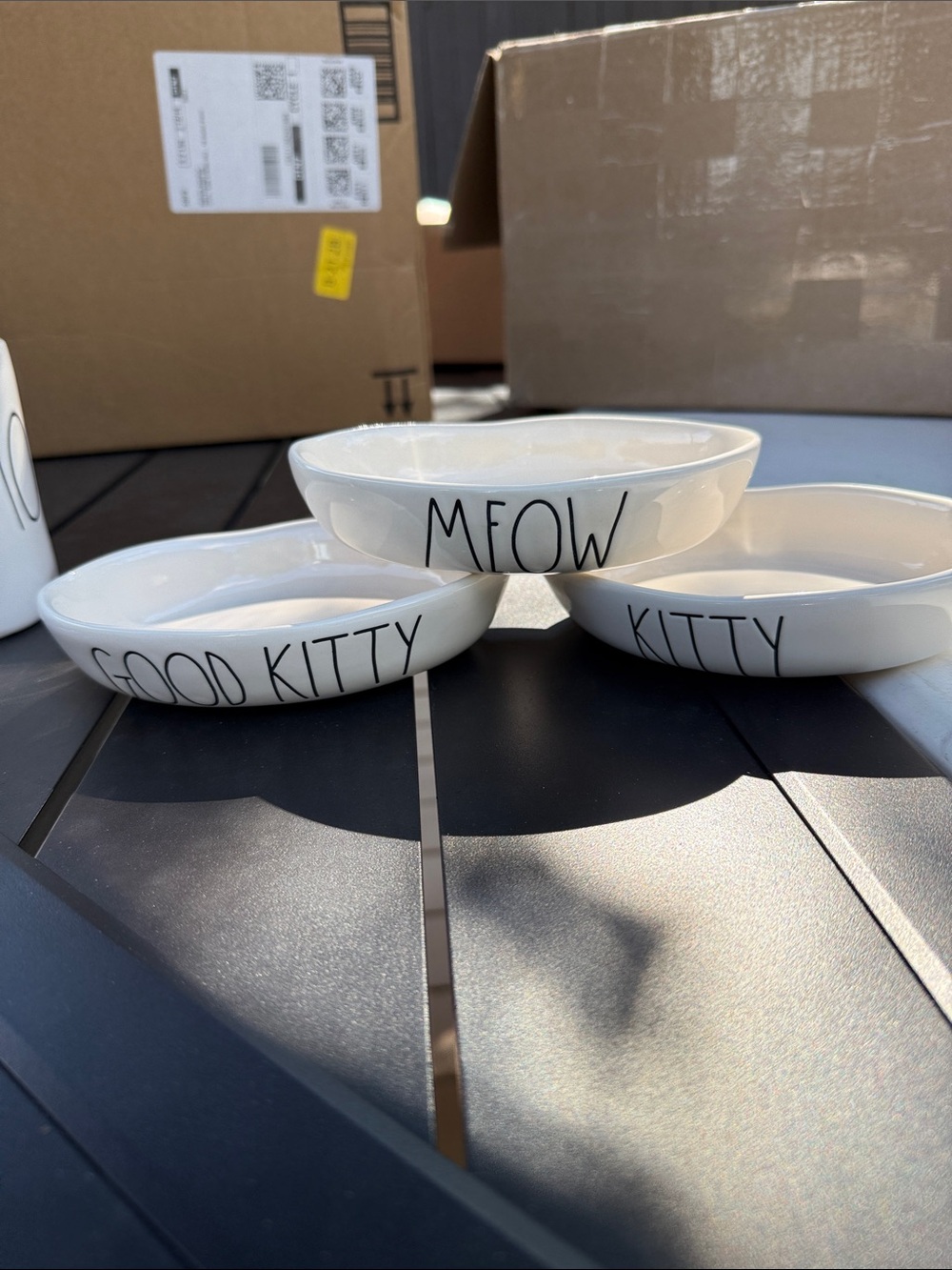 3 Cat Dishes Rae Dunn Artisan Collection White Ceramic Oval with Black Lettering
